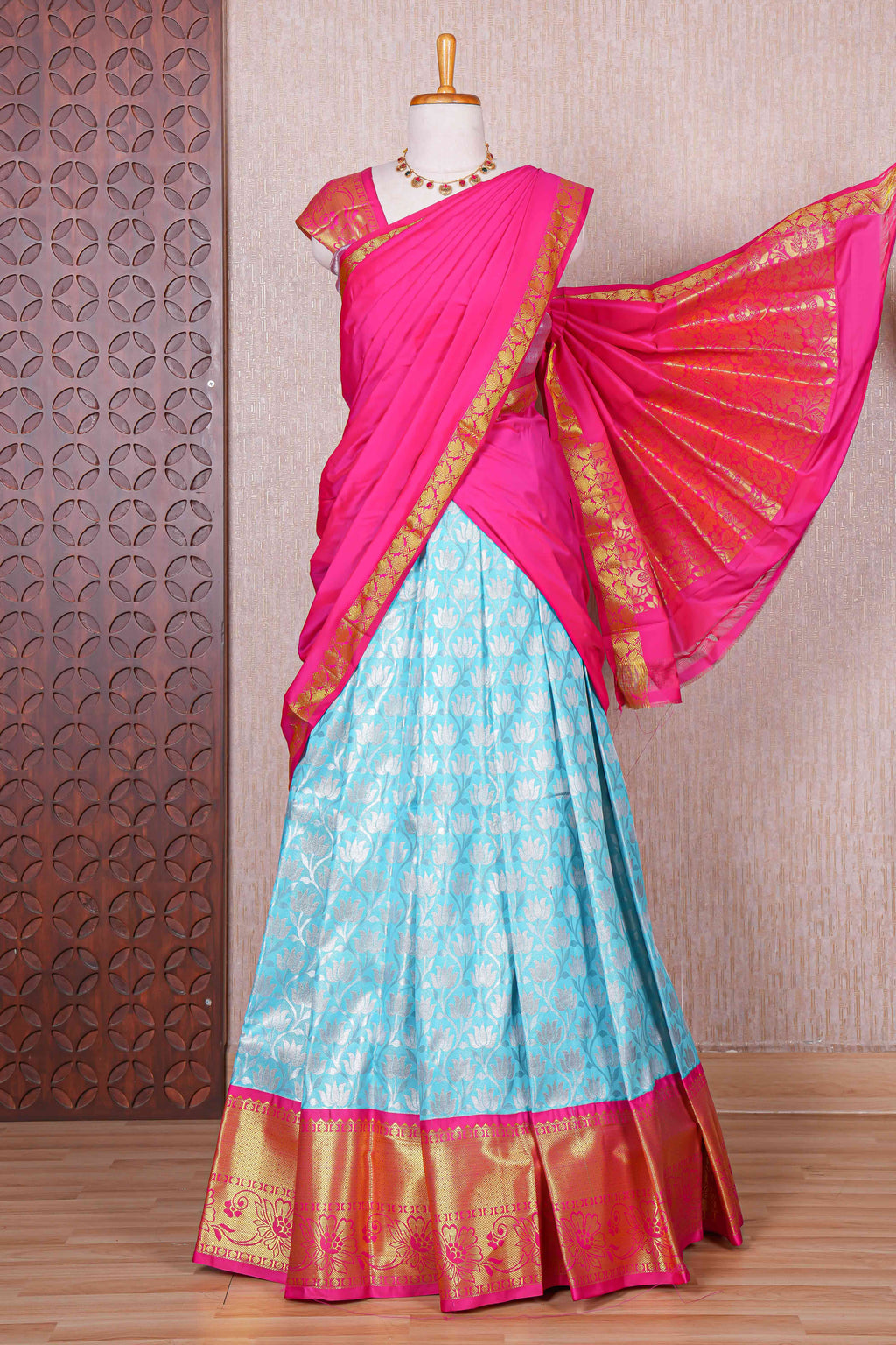 Turquoise blue jacquard floral vine zari design half saree with contrast zari border and dhavani