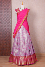 Pastel lavender jacquard floral zari design half saree with contrast zari border and dhavani