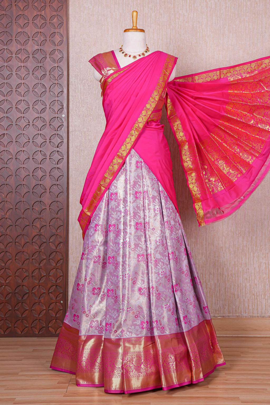 Pastel lavender jacquard floral zari design half saree with contrast zari border and dhavani