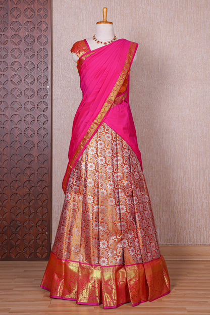 Orange jacquard floral zari design half saree with contrast zari border and dhavani