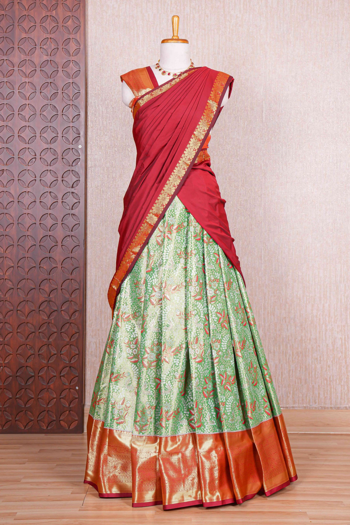 Green lavender jacquard floral zari design half saree with contrast zari border and dhavani