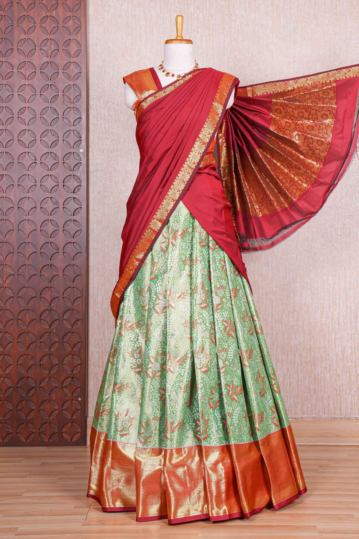 Green lavender jacquard floral zari design half saree with contrast zari border and dhavani