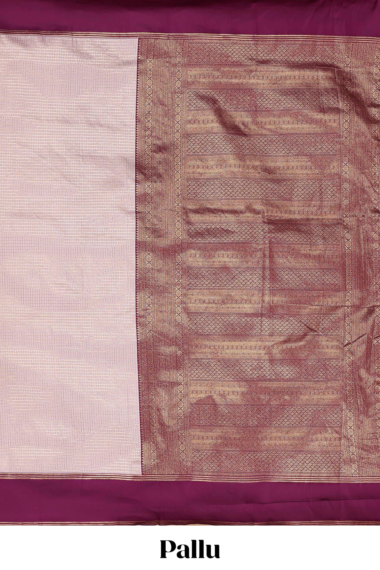 Cream zari checked art litchi silk saree with contrast border and floral zari butta blouse