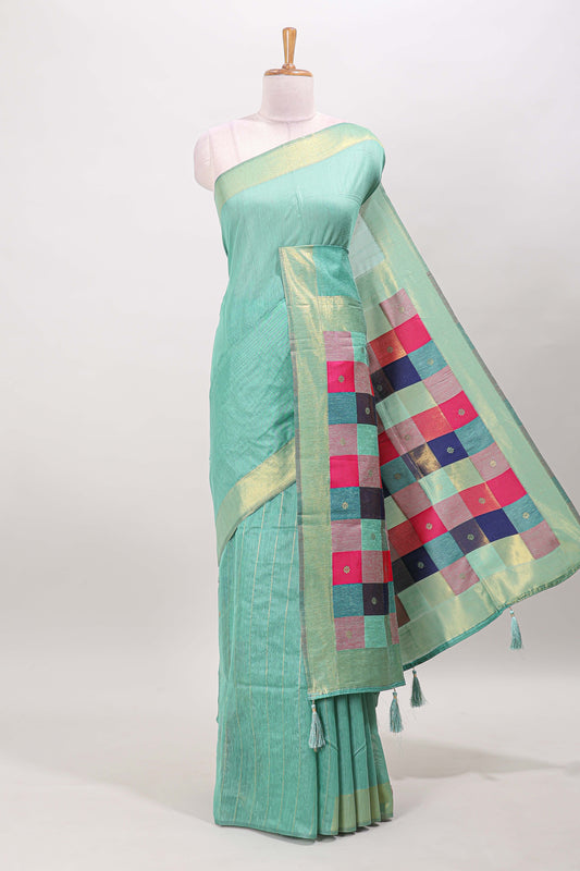 Turquoise green striped linen cotton saree with self zari border contrast checked pallu
