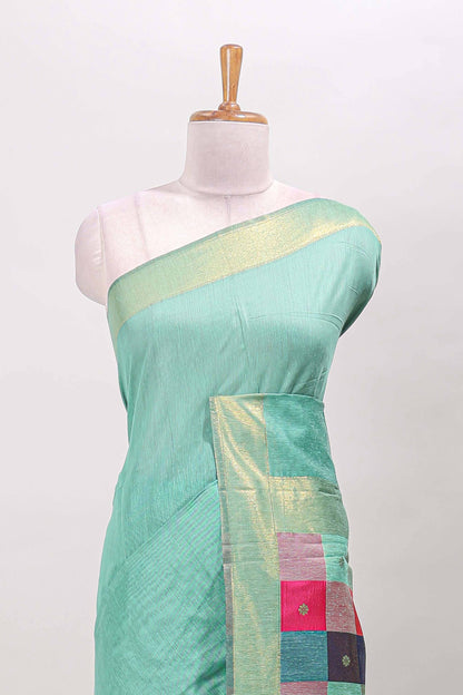 Turquoise green striped linen cotton saree with self zari border contrast checked pallu