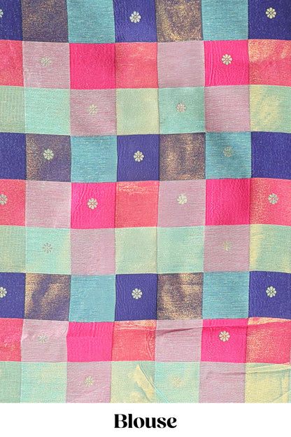 Turquoise green striped linen cotton saree with self zari border contrast checked pallu