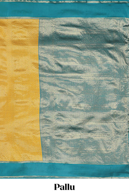 Golden yellow zari checked art litchi silk saree with contrast border and zari butta blouse