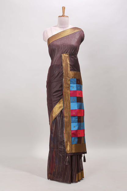 Chocolate brown striped linen cotton saree with self zari border contrast checked pallu