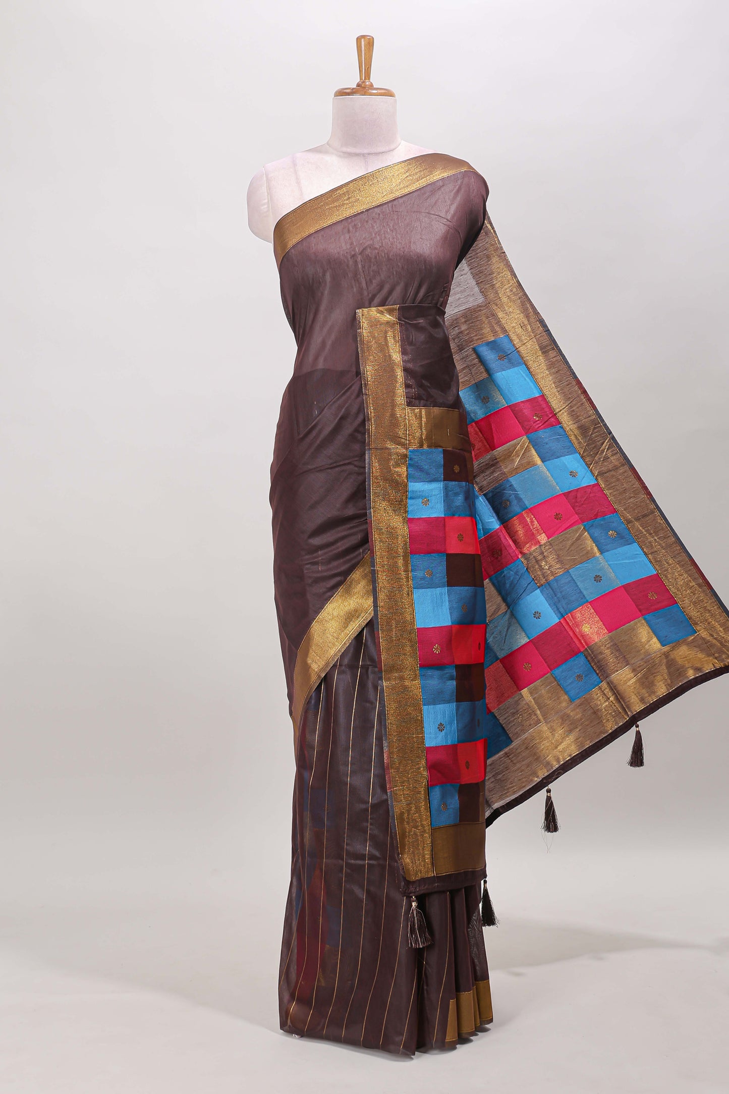 Chocolate brown striped linen cotton saree with self zari border contrast checked pallu