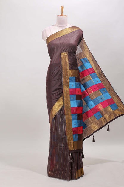 Chocolate brown striped linen cotton saree with self zari border contrast checked pallu