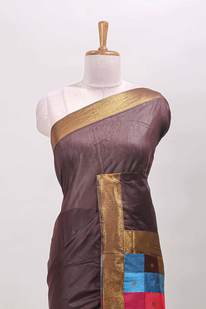 Chocolate brown striped linen cotton saree with self zari border contrast checked pallu