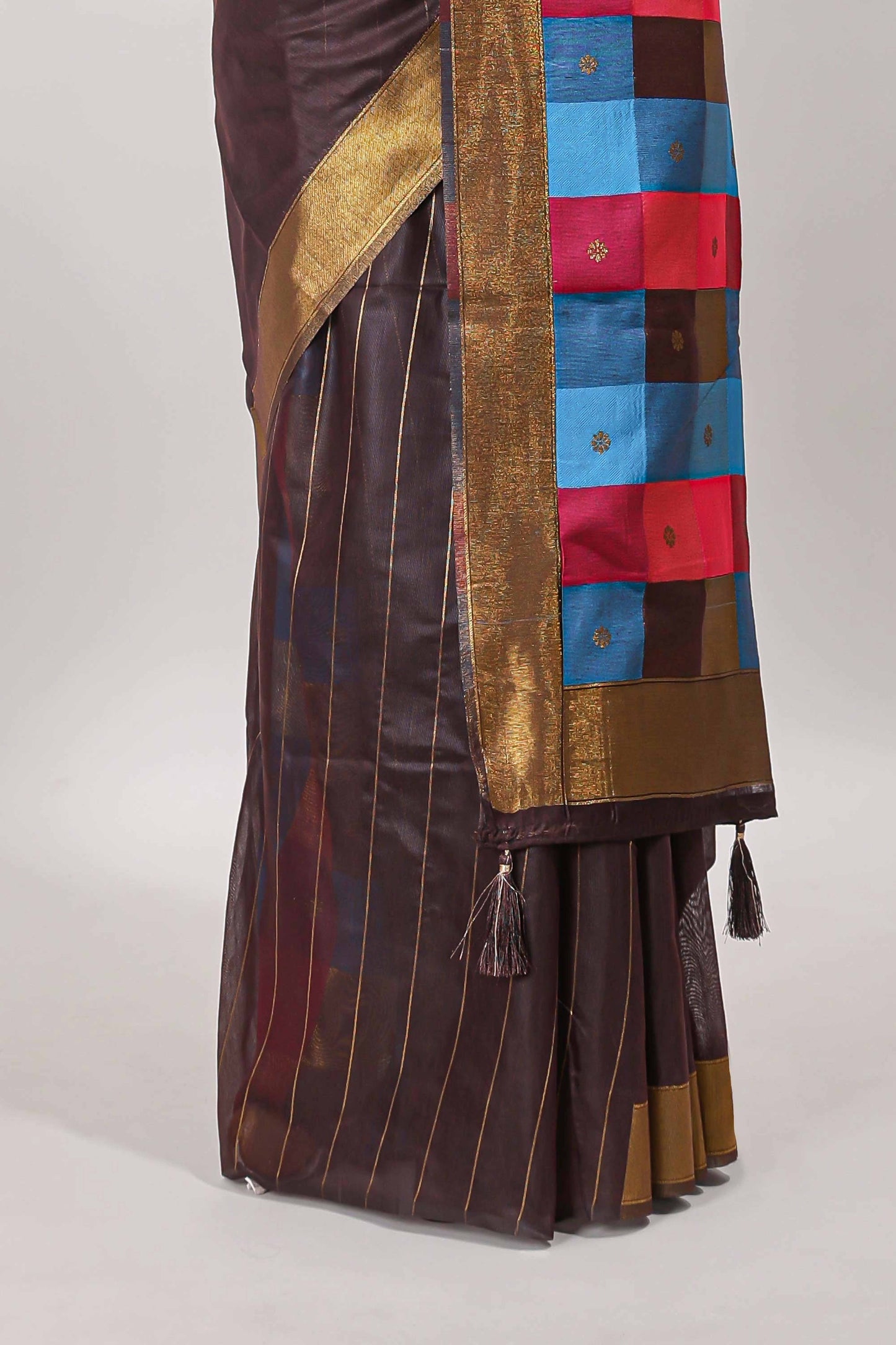 Chocolate brown striped linen cotton saree with self zari border contrast checked pallu