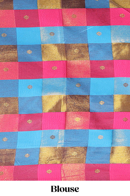 Chocolate brown striped linen cotton saree with self zari border contrast checked pallu
