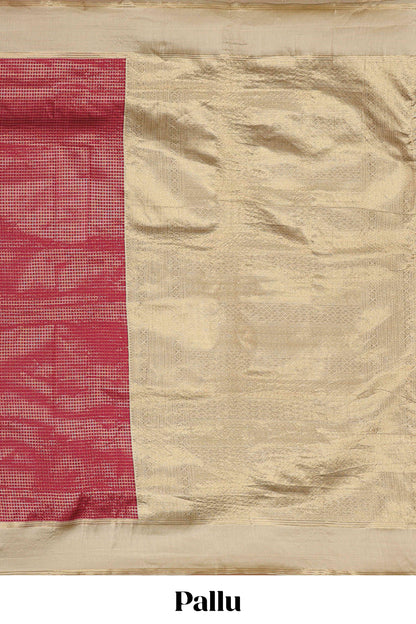 Maroon zari checked art litchi silk saree with contrast border and zari butta blouse