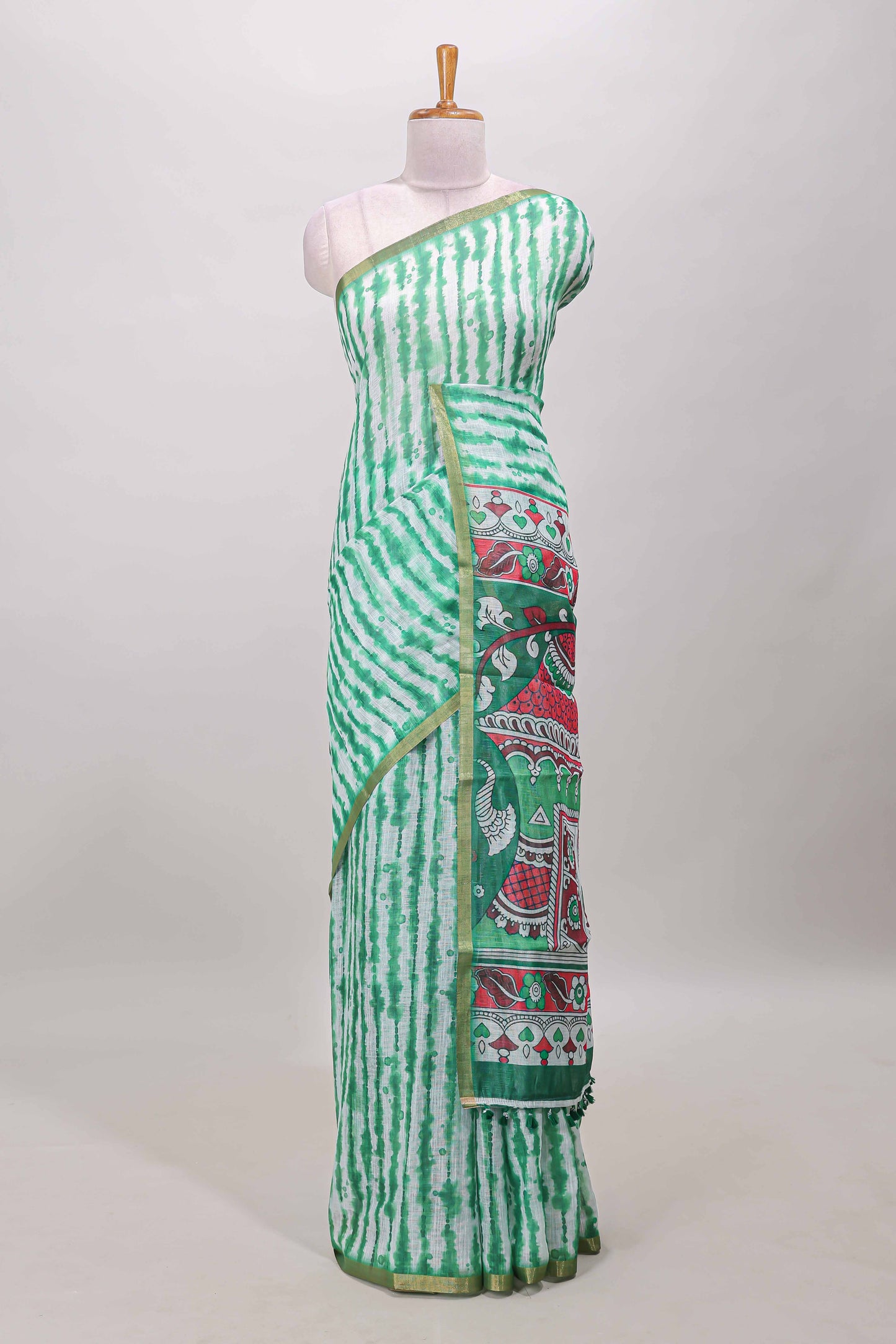 Green striped shibori print linen cotton saree with self zari border and printed pallu