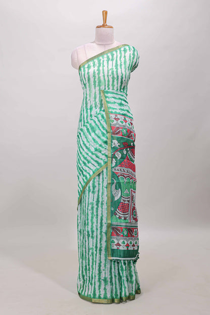 Green striped shibori print linen cotton saree with self zari border and printed pallu