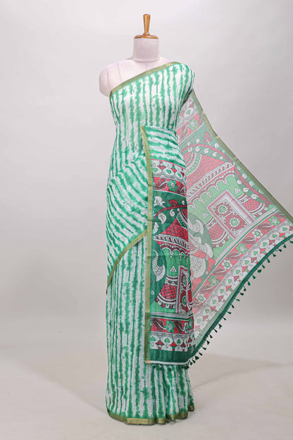 Green striped shibori print linen cotton saree with self zari border and printed pallu