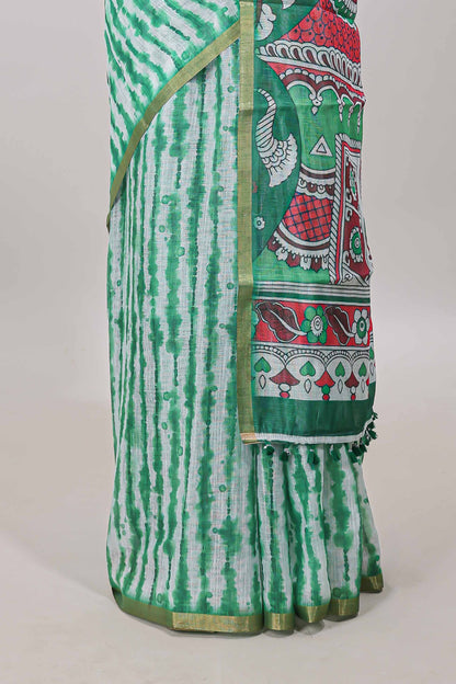 Green striped shibori print linen cotton saree with self zari border and printed pallu