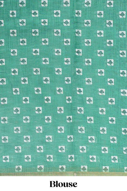 Green striped shibori print linen cotton saree with self zari border and printed pallu