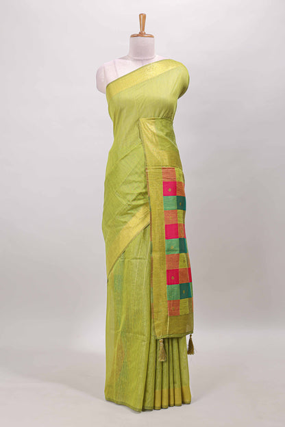 Green striped linen cotton saree with self zari border contrast checked pallu