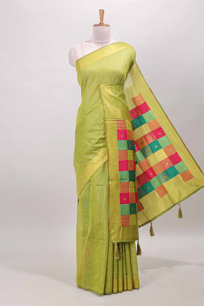 Green striped linen cotton saree with self zari border contrast checked pallu
