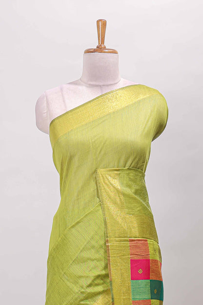 Green striped linen cotton saree with self zari border contrast checked pallu
