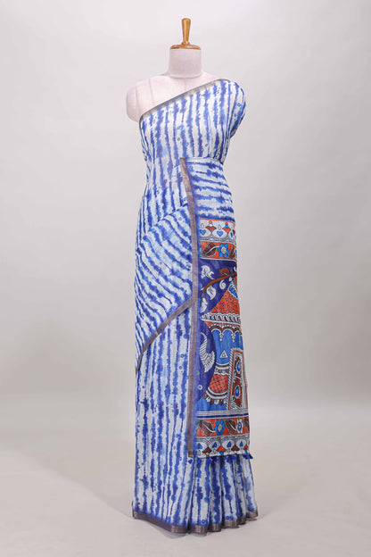 Blue striped shibori print linen cotton saree with self zari border and printed pallu