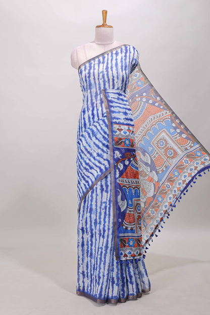 Blue striped shibori print linen cotton saree with self zari border and printed pallu