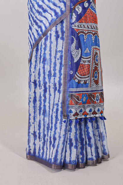 Blue striped shibori print linen cotton saree with self zari border and printed pallu