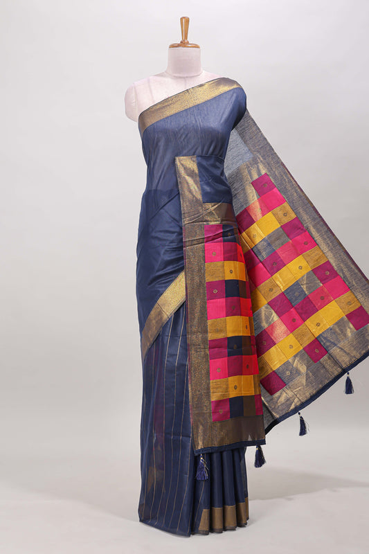 Blue striped linen cotton saree with self zari border contrast checked pallu