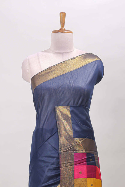 Blue striped linen cotton saree with self zari border contrast checked pallu