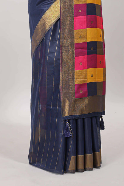Blue striped linen cotton saree with self zari border contrast checked pallu