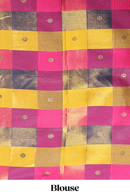 Blue striped linen cotton saree with self zari border contrast checked pallu