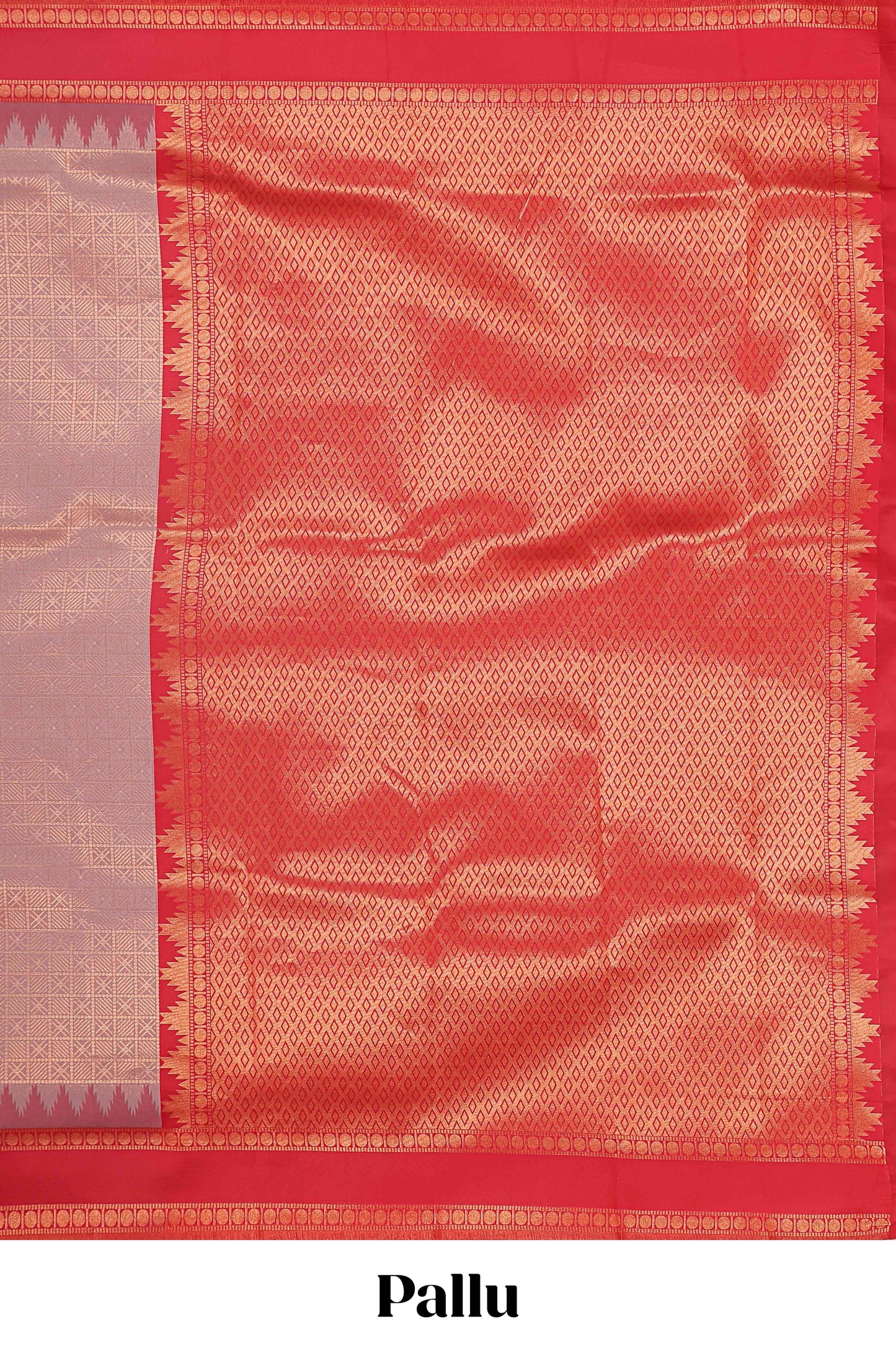 Peach checked geometric design litchi silk saree with contrast ikkat style bentex zari border and blouse