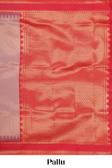 Peach checked geometric design litchi silk saree with contrast ikkat style bentex zari border and blouse