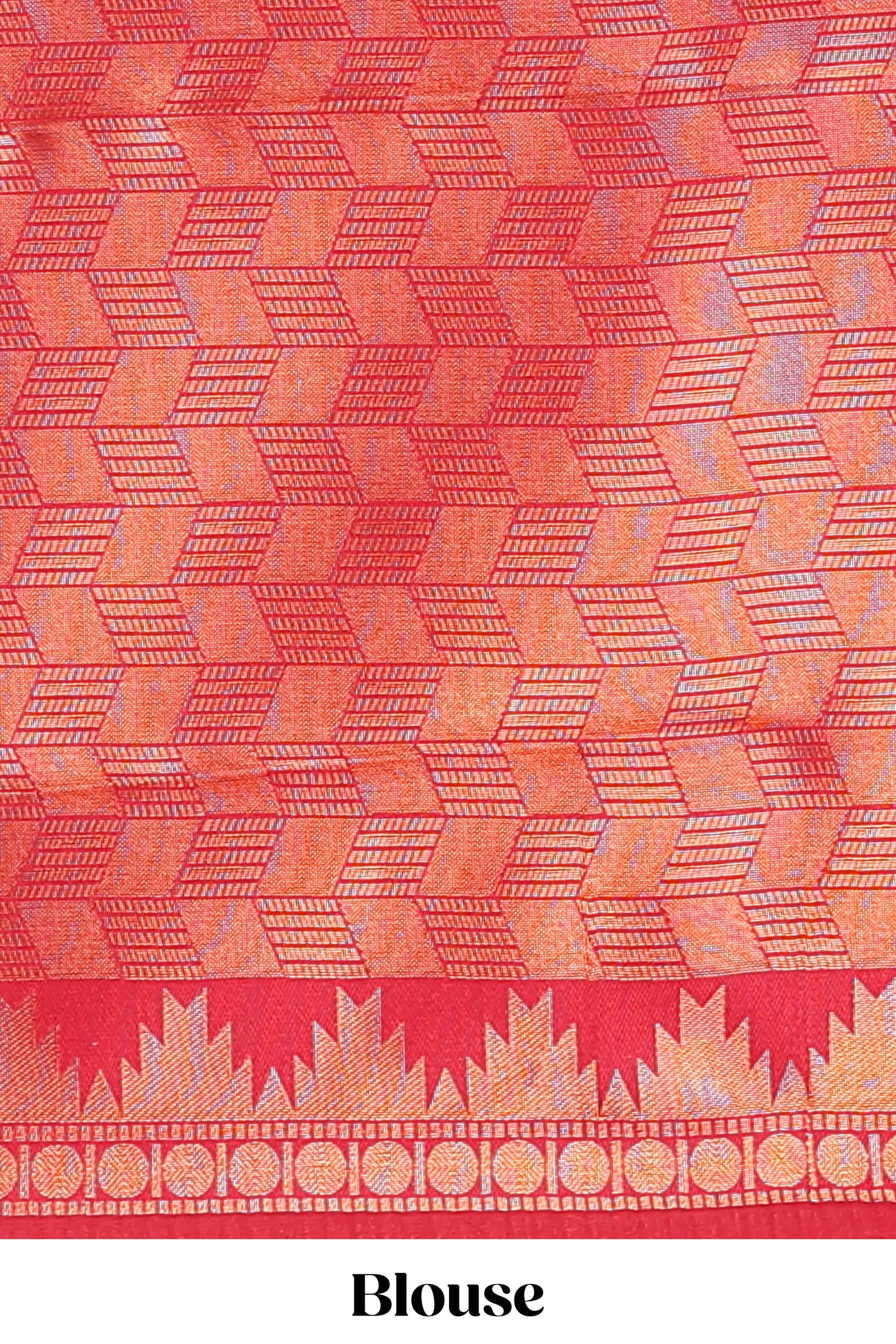 Peach checked geometric design litchi silk saree with contrast ikkat style bentex zari border and blouse