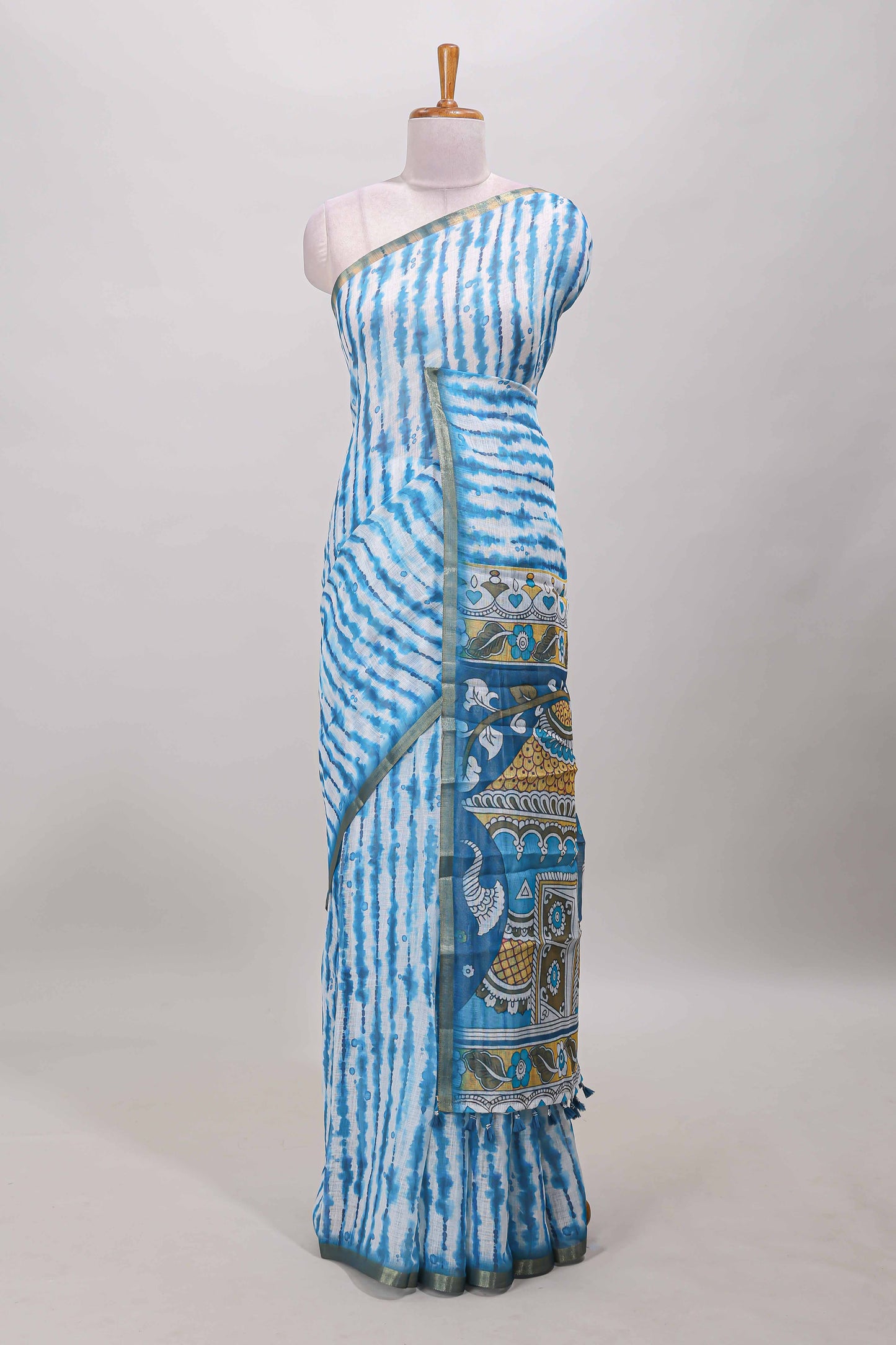 Turquoise blue striped shibori print linen cotton saree with self zari border and printed pallu