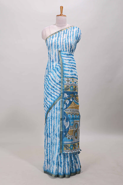 Turquoise blue striped shibori print linen cotton saree with self zari border and printed pallu