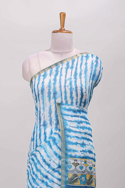 Turquoise blue striped shibori print linen cotton saree with self zari border and printed pallu