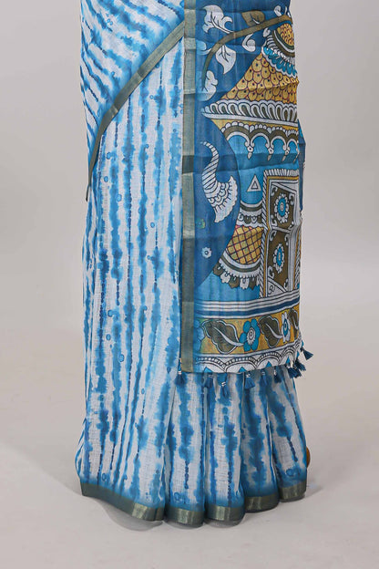 Turquoise blue striped shibori print linen cotton saree with self zari border and printed pallu