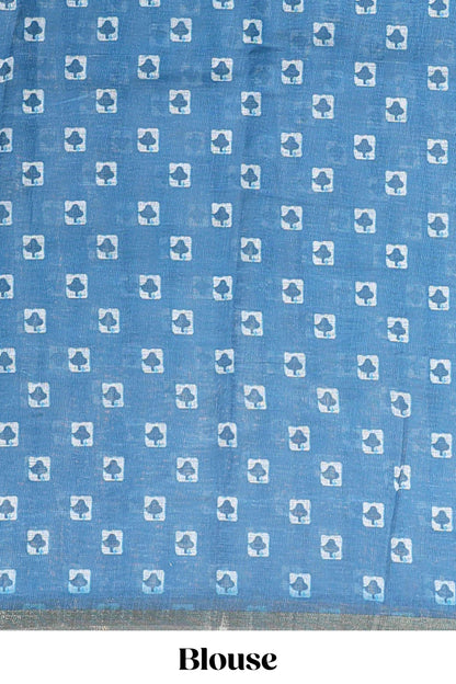 Turquoise blue striped shibori print linen cotton saree with self zari border and printed pallu