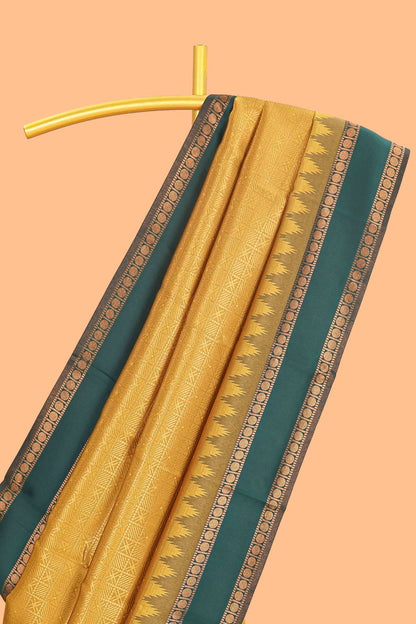 Mustard checked geometric design litchi silk saree with contrast ikkat style bentex zari border and blouse