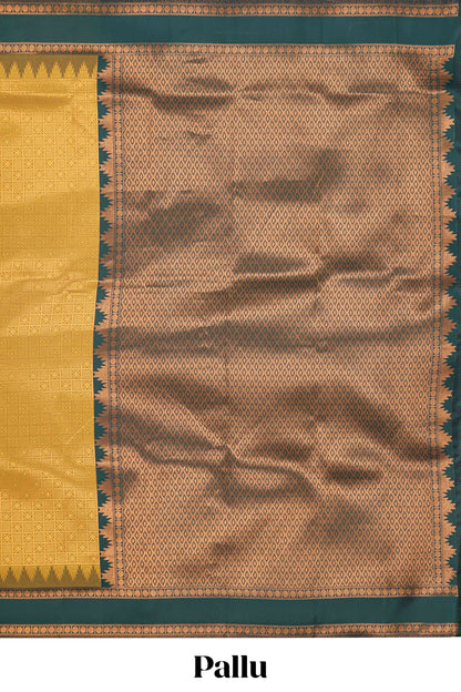 Mustard checked geometric design litchi silk saree with contrast ikkat style bentex zari border and blouse