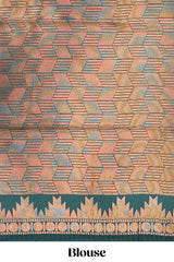 Mustard checked geometric design litchi silk saree with contrast ikkat style bentex zari border and blouse