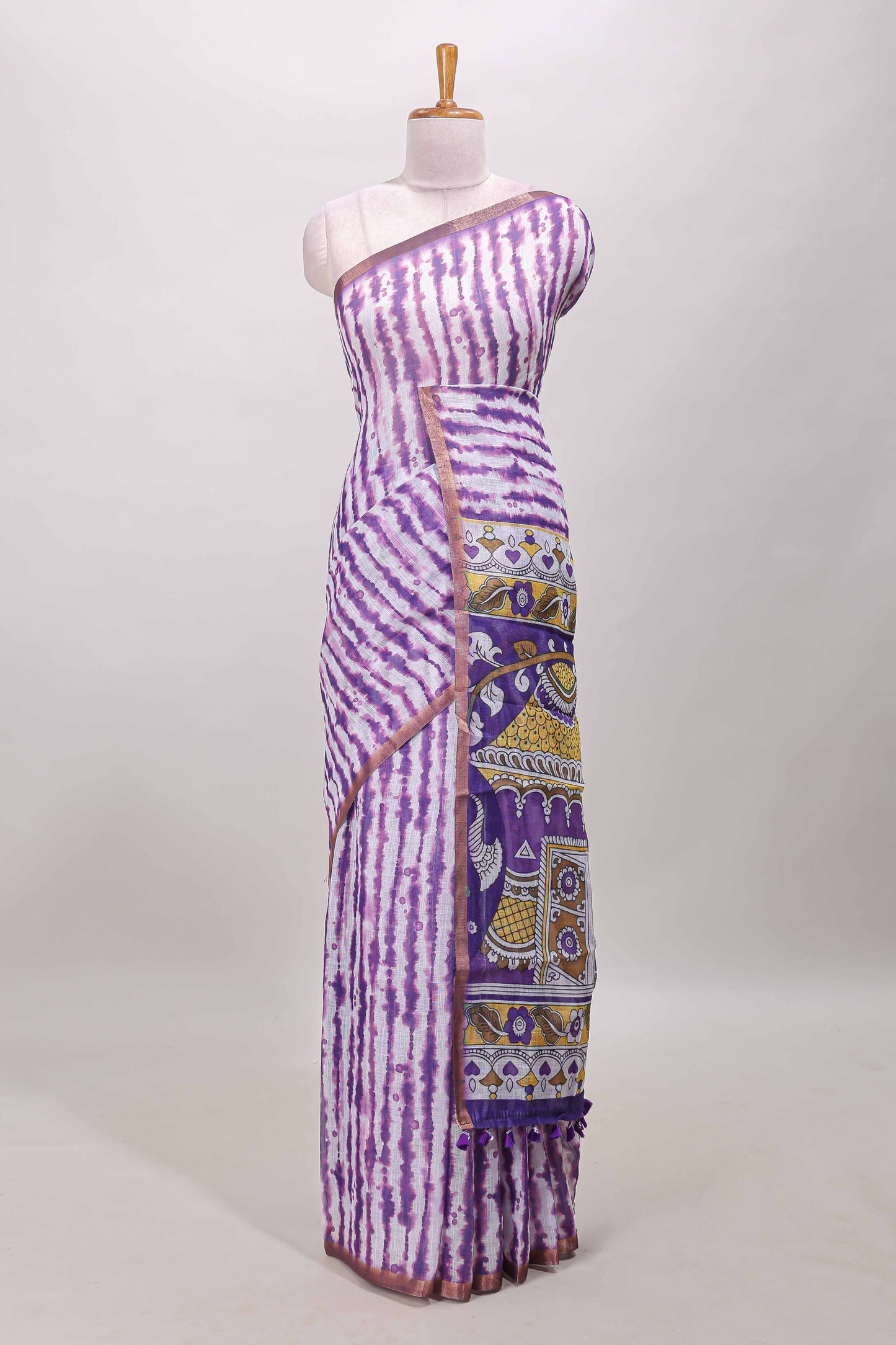 Lavender striped shibori print linen cotton saree with self zari border and printed pallu