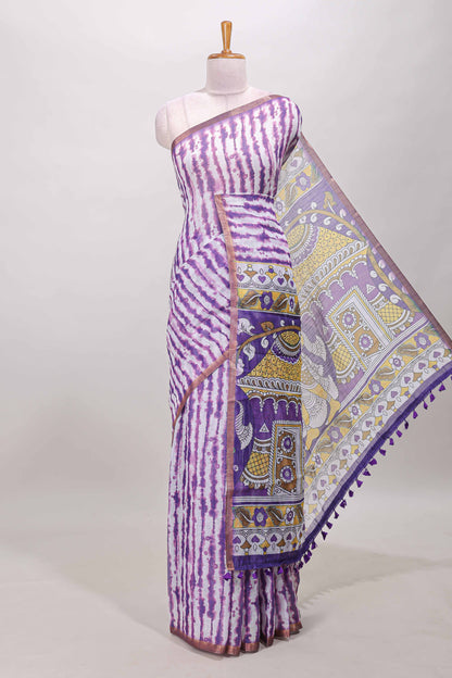 Lavender striped shibori print linen cotton saree with self zari border and printed pallu