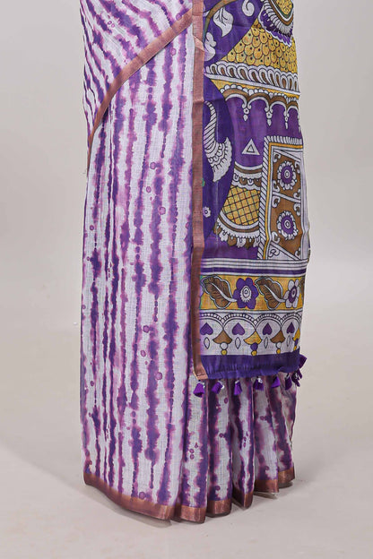 Lavender striped shibori print linen cotton saree with self zari border and printed pallu