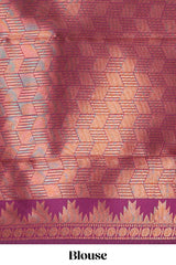 Turquoise green checked geometric design litchi silk saree with contrast ikkat style bentex zari border and blouse