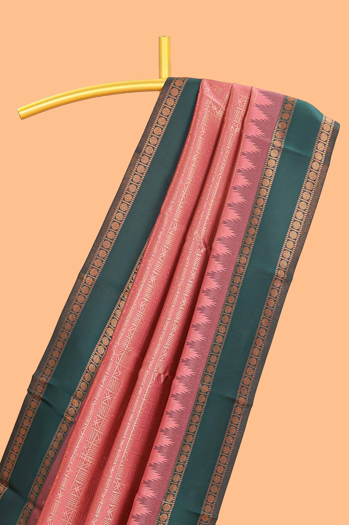 Pink checked geometric design litchi silk saree with contrast ikkat style bentex zari border and blouse