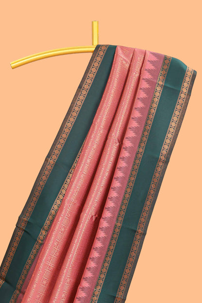 Pink checked geometric design litchi silk saree with contrast ikkat style bentex zari border and blouse